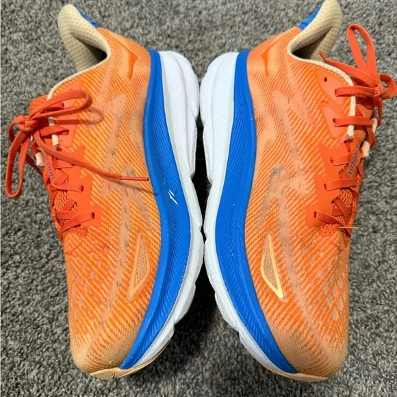 Hoka Clifton 9 Dynamic Orange and Blue Sneakers - Picture 4 of 8